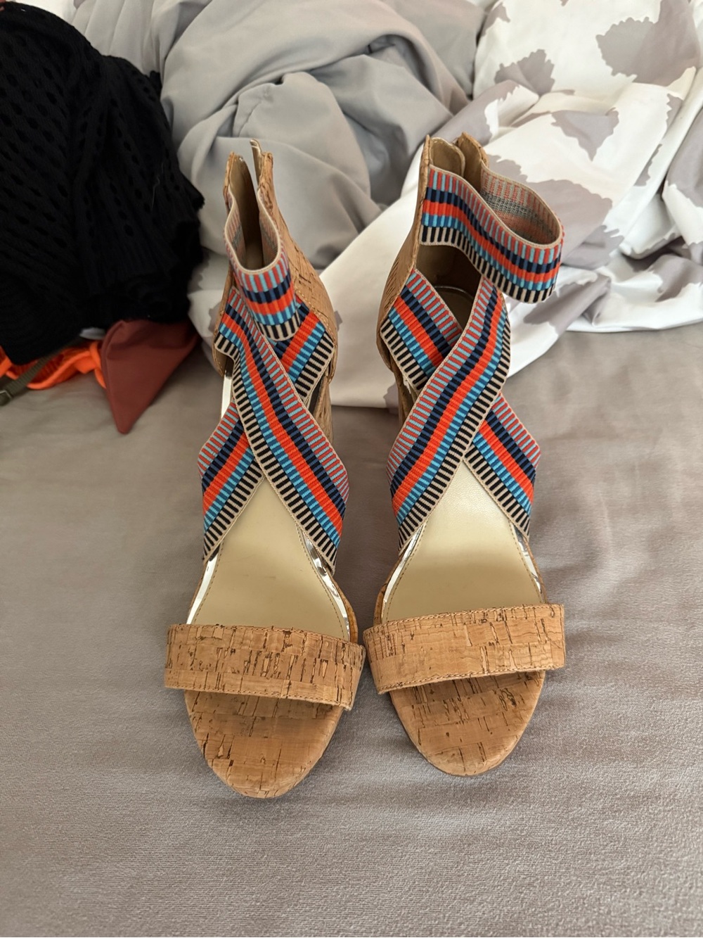 Jessica Simpson Cork Wedge Sandals with Blue, Red, Black Straps